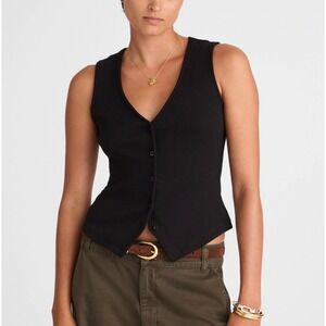 Madewell Black Ribbed Knit Button Front Sleeveless V-Neck Vest Top XS New